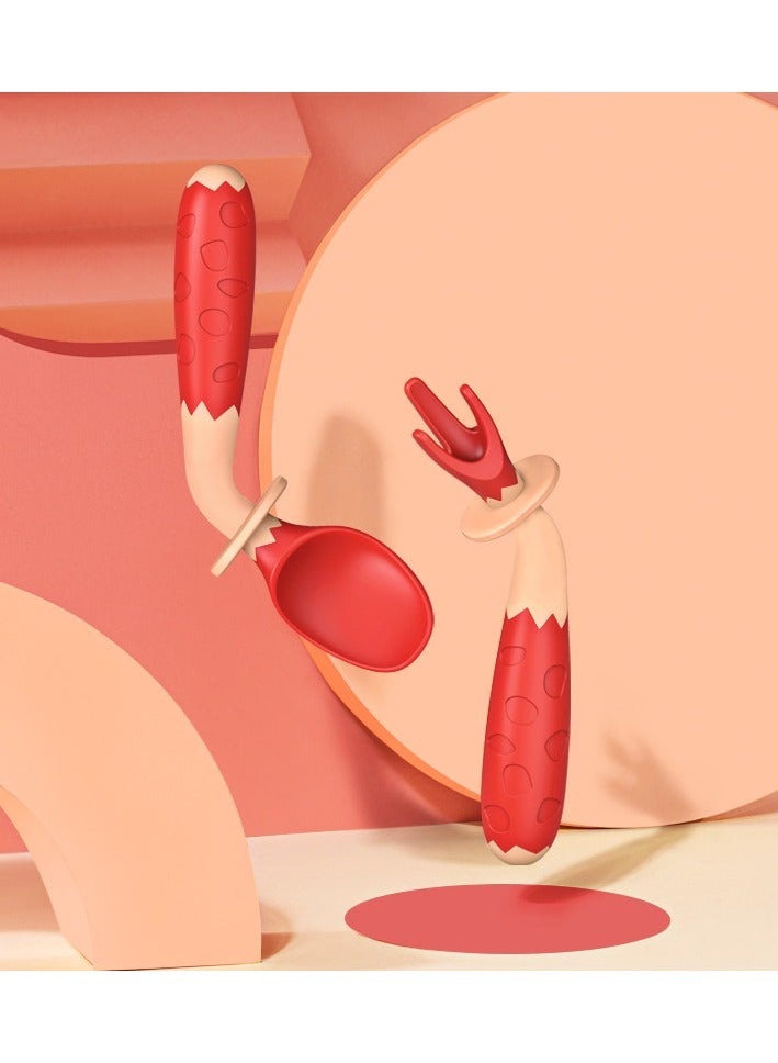 أطفال الهوغوز شوكة الأطفال المقوسة وشوكة الملعقة ونصائح الملعقة تدريب مرن مع صندوق التخزين (أحمر) - Image 1