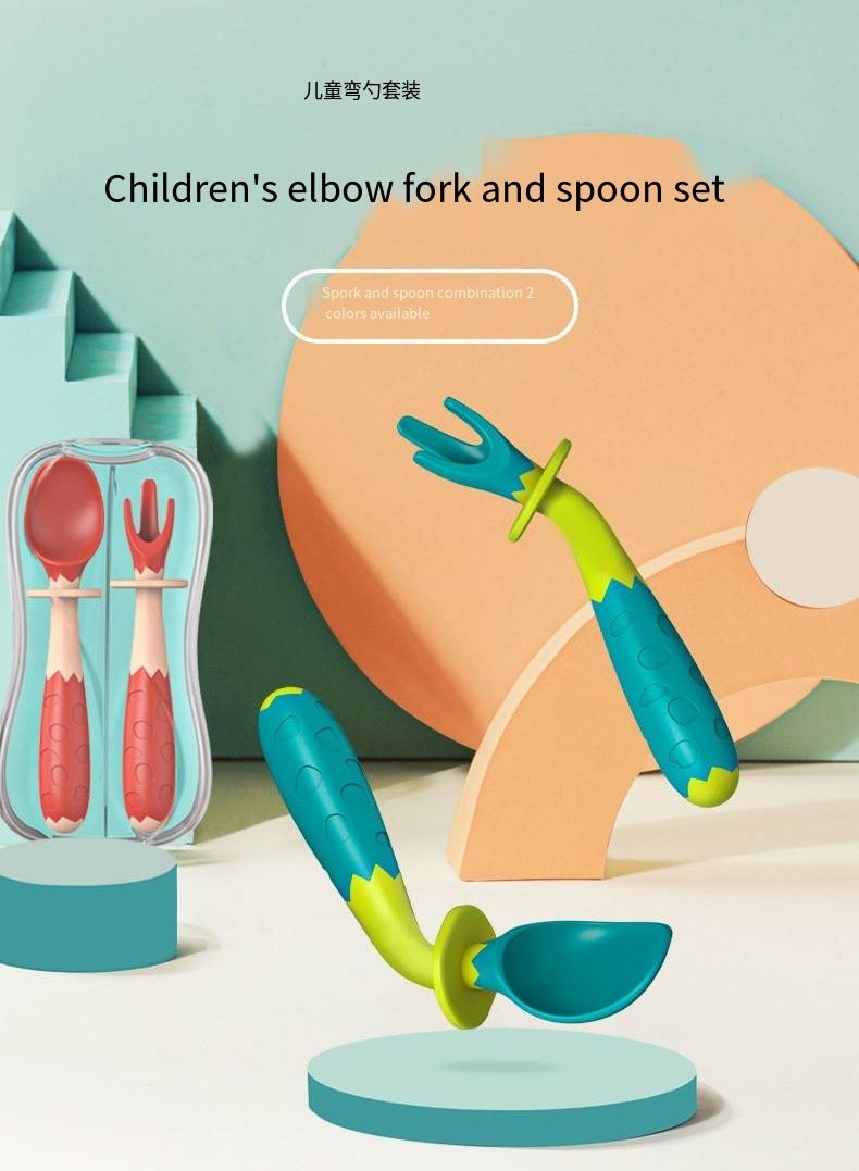 أطفال الهوغوز شوكة الأطفال المقوسة وشوكة الملعقة ونصائح الملعقة تدريب مرن مع صندوق التخزين (أحمر) - Image 2