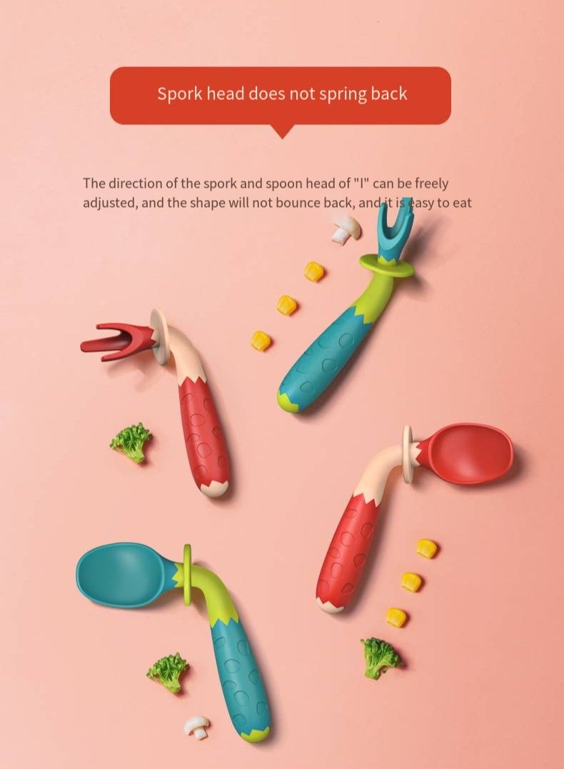 أطفال الهوغوز شوكة الأطفال المقوسة وشوكة الملعقة ونصائح الملعقة تدريب مرن مع صندوق التخزين (أحمر) - Image 3
