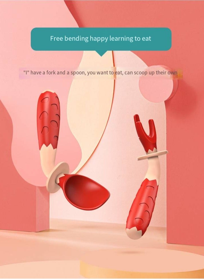 أطفال الهوغوز شوكة الأطفال المقوسة وشوكة الملعقة ونصائح الملعقة تدريب مرن مع صندوق التخزين (أحمر) - Image 4