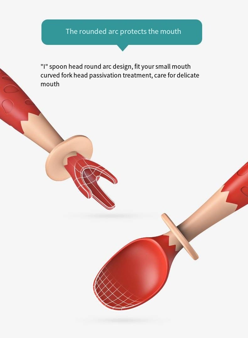 أطفال الهوغوز شوكة الأطفال المقوسة وشوكة الملعقة ونصائح الملعقة تدريب مرن مع صندوق التخزين (أحمر) - Image 5