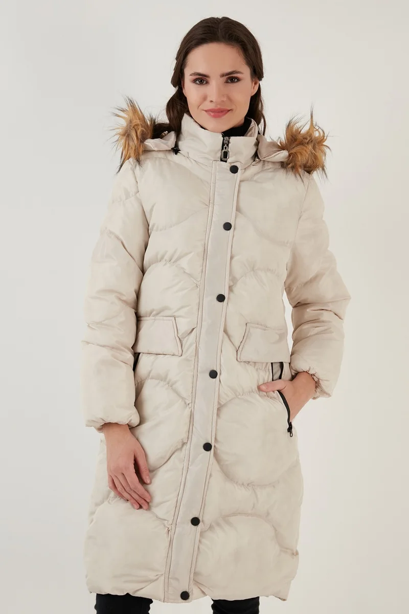 Lela Faux Fur Collar Removable Hooded Quilted Winter Puffer Long Coat Women'S COAT 6477401