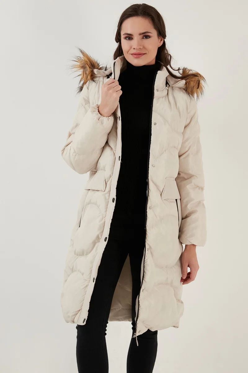 Lela Faux Fur Collar Removable Hooded Quilted Winter Puffer Long Coat Women'S COAT 6477401