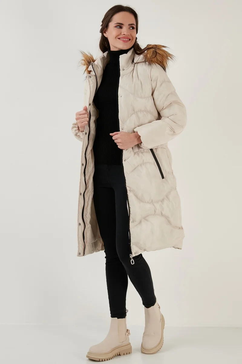 Lela Faux Fur Collar Removable Hooded Quilted Winter Puffer Long Coat Women'S COAT 6477401