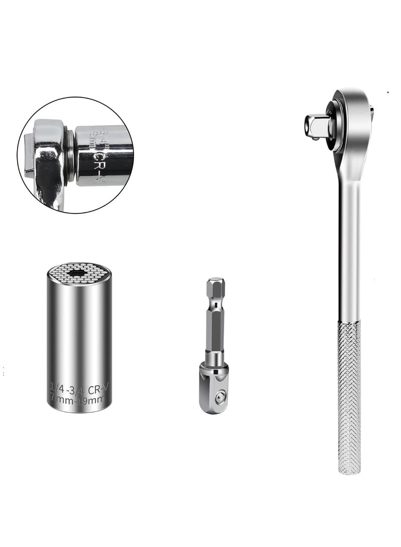 3pcs Universal Socket Wrench Ratchet Useful Tool Sets , Power Drill Adapter Retract to Form Almost Any Shape （1/4in-3/4in - Image 1