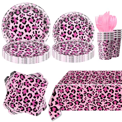 JU XIN Leopard Print Party Tableware Cheetah Print Party Decorations Jungle Animal theme Decorations Baby Shower Safari Animal Leopard Themed Birthday Party Decor Supplies Pink - Image 5