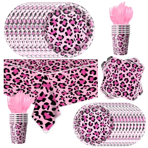 JU XIN Leopard Print Party Tableware Cheetah Print Party Decorations Jungle Animal theme Decorations Baby Shower Safari Animal Leopard Themed Birthday Party Decor Supplies Pink - Image 1