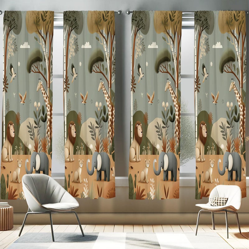 Ambesonne Woodland Window Curtains Pack of 2  Funny Nature Theme Cartoon Lion Elephant Bird Giraffe Animals Print  Lightweight Set with Rod Pocket  4 Panels of - 28"" x 63""  Olive Green Redwood Ecru - Image 1