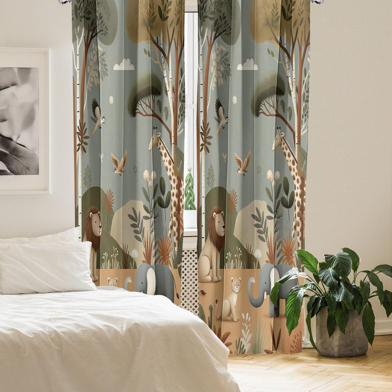 Ambesonne Woodland Window Curtains Pack of 2  Funny Nature Theme Cartoon Lion Elephant Bird Giraffe Animals Print  Lightweight Set with Rod Pocket  4 Panels of - 28"" x 63""  Olive Green Redwood Ecru - Image 3