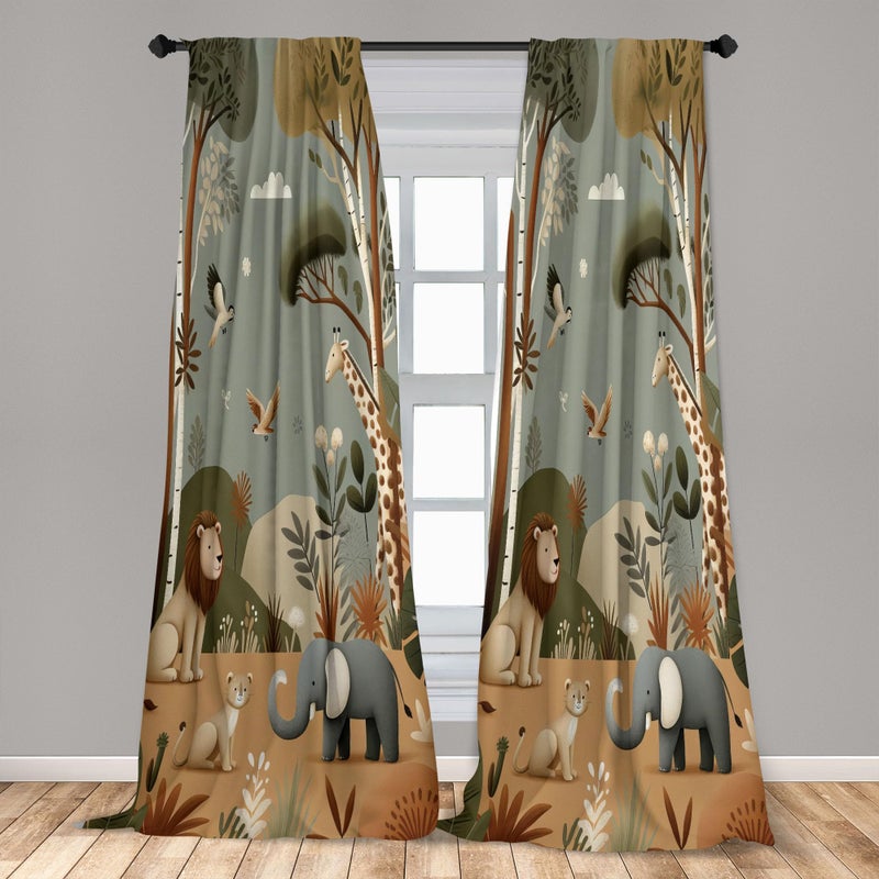 Ambesonne Woodland Window Curtains Pack of 2  Funny Nature Theme Cartoon Lion Elephant Bird Giraffe Animals Print  Lightweight Set with Rod Pocket  4 Panels of - 28"" x 63""  Olive Green Redwood Ecru - Image 4