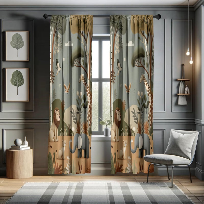 Ambesonne Woodland Window Curtains Pack of 2  Funny Nature Theme Cartoon Lion Elephant Bird Giraffe Animals Print  Lightweight Set with Rod Pocket  4 Panels of - 28"" x 63""  Olive Green Redwood Ecru - Image 5