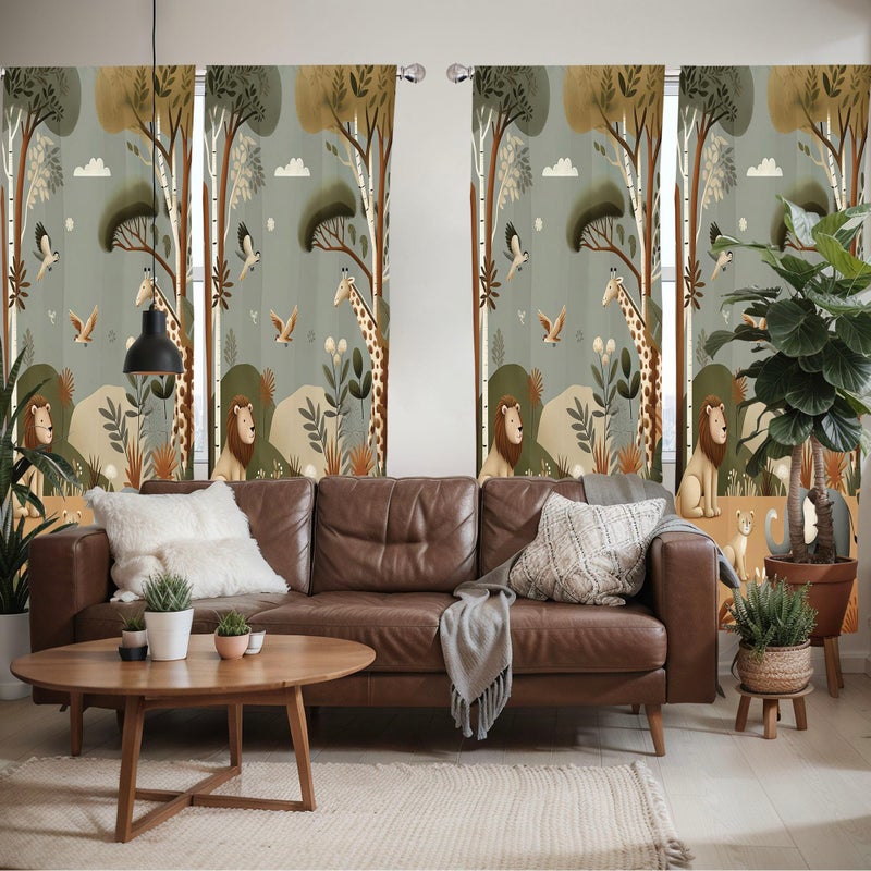 Ambesonne Woodland Window Curtains Pack of 2  Funny Nature Theme Cartoon Lion Elephant Bird Giraffe Animals Print  Lightweight Set with Rod Pocket  4 Panels of - 28"" x 63""  Olive Green Redwood Ecru - Image 2