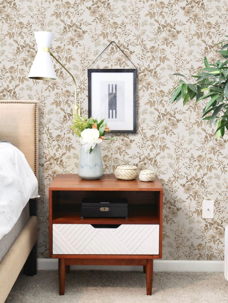 Erfoni 16.9" x118" Boho Floral Peel and Stick Wallpaper Beige Flower and Leaf Contact Paper Self Adhsive Removable Wallpaper Boho Botanical Wall Paper for Bedroom Cabinets Decor Vinyl Roll Waterproof - Image 2