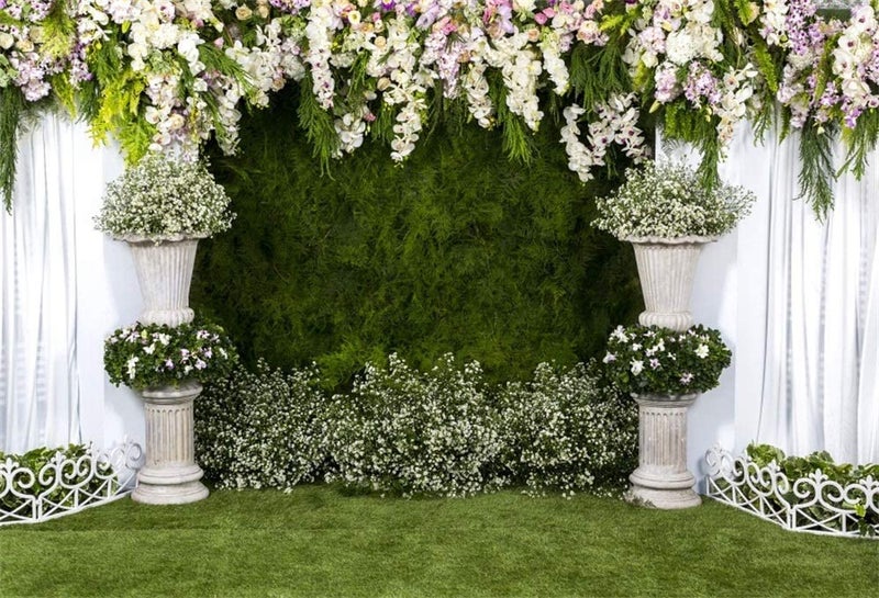 Laeacco Arch Wedding Flowers Backdrop 10x8ft Vinyl Photography Background Stone Planter Flowers White Curtain Green Ivy Wall Decoration Outdoos Ceremony Green Grassfield Backdrop