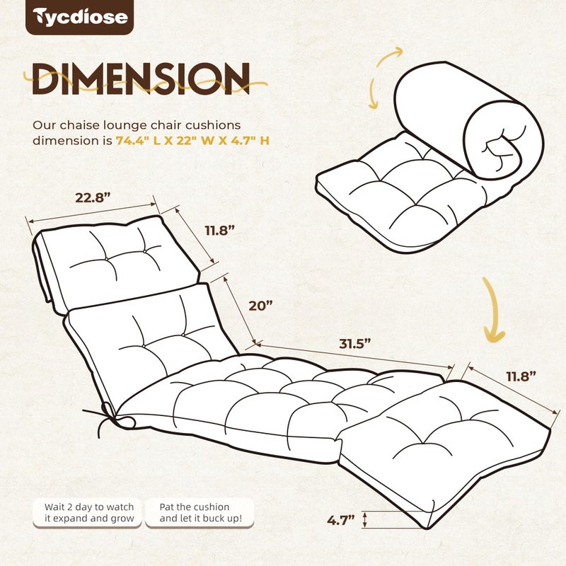 Tycdiose Outdoor Chaise Lounge Chair Cushion Waterproof 74.4 x 22 x 4.7 Inches Memory Foam Lounge Chair Cushions Replacement for Outdoor Furniture with Ties, Thickened Pool Lounge Chair Cushion, Beige - Image 3