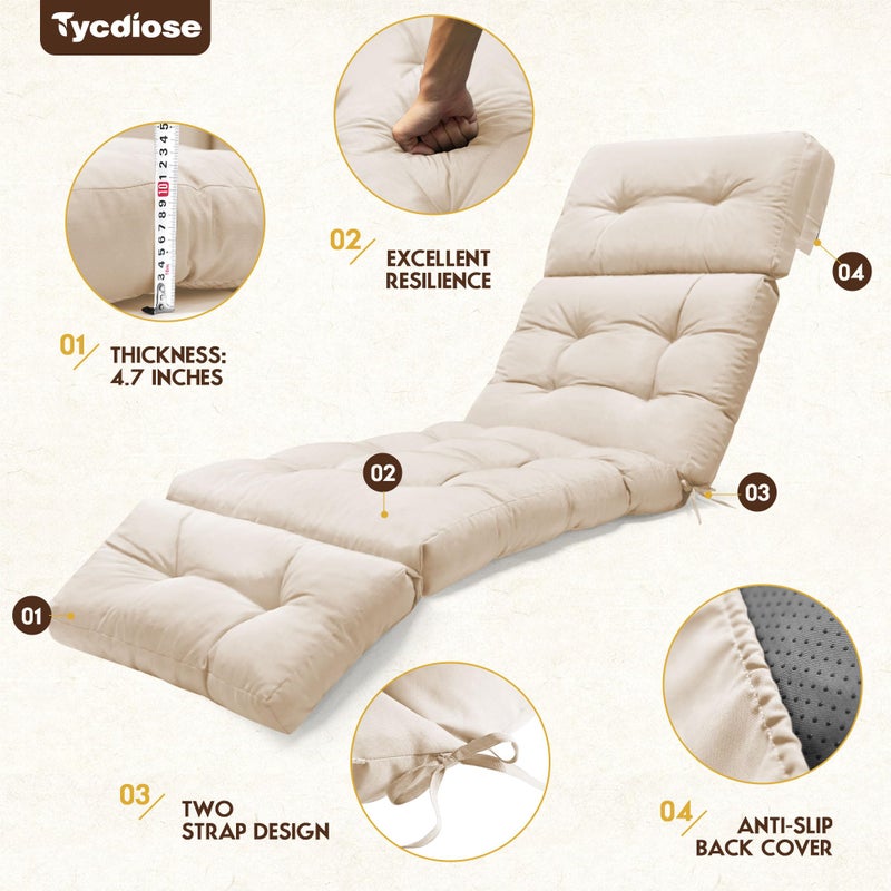 Tycdiose Outdoor Chaise Lounge Chair Cushion Waterproof 74.4 x 22 x 4.7 Inches Memory Foam Lounge Chair Cushions Replacement for Outdoor Furniture with Ties, Thickened Pool Lounge Chair Cushion, Beige - Image 5