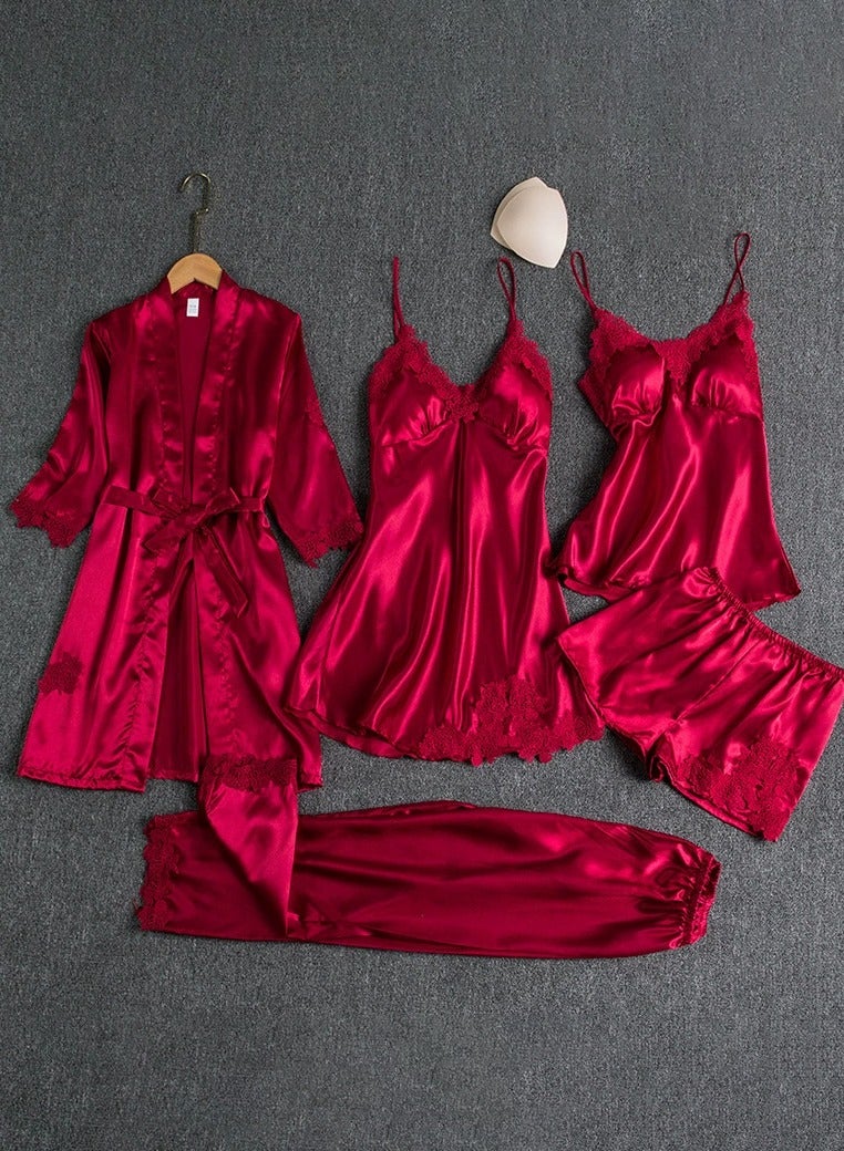MHD 5 - Piece Burgundy Satin Pajama Set With Lace Detailing - Luxurious Sleepwear For Women