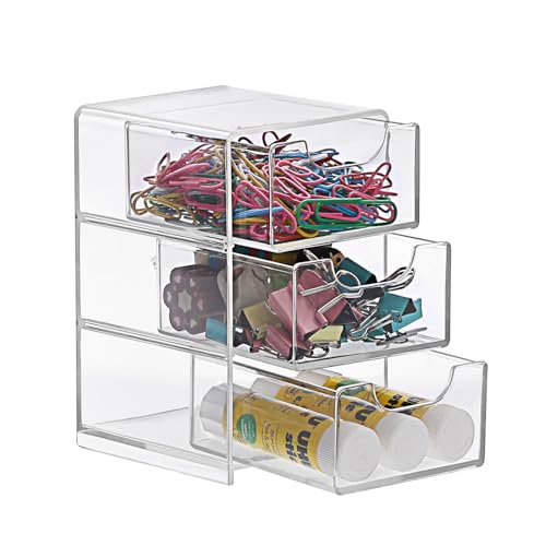 BTSKY 1 Pack Small Acrylic Storage Organizer with Drawers, 3-Layer Clear Desktop Organizer for Office Supplies Mini Storage Box with Drawers for Desk, Desktop Makeup Drawer Jewelry Storage Box - Image 1