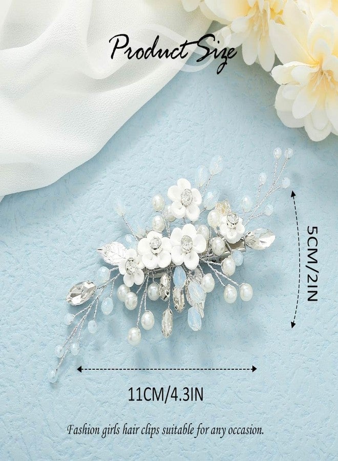 Latious Flower Bride Wedding Hair Clip Silver Pearl Bridal Hair Barrettes Rhinestones Hair Piece for Women and Girls - Image 3