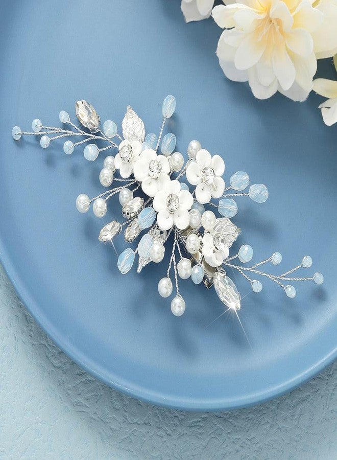 Latious Flower Bride Wedding Hair Clip Silver Pearl Bridal Hair Barrettes Rhinestones Hair Piece for Women and Girls - Image 1