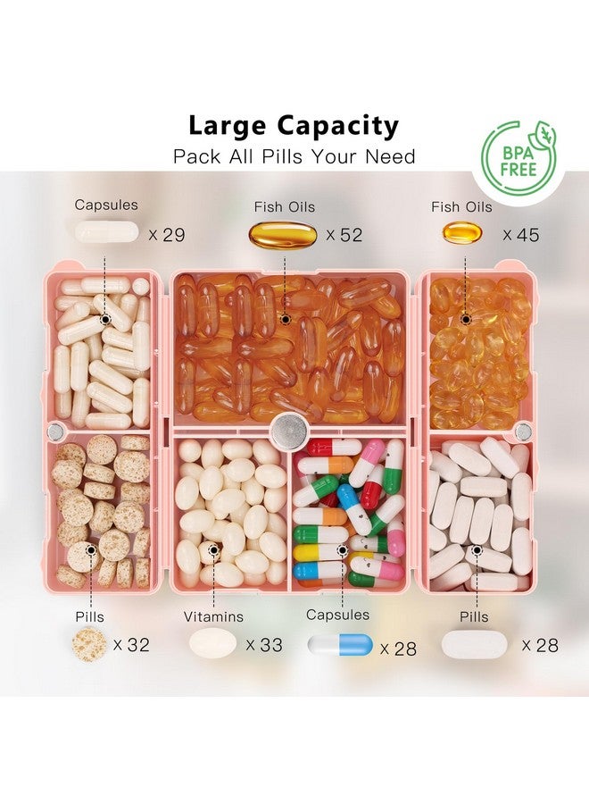 أف واي واي منظم حبوب يومي من FYY، حافظة حبوب سفر محمولة بسبعة أقسام [تصميم قابل للطي] صندوق حبوب لجيب المحفظة لحمل الفيتامينات وزيت كبد سمك القد والمكملات الغذائية والأدوية - لون ذهبي وردي - Image 2