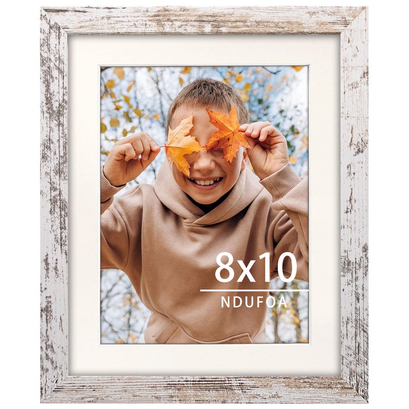 NDUFOA 8x10 Picture Frame  Display Photos 6x8 with Mat or 8x10 without Mat  Poster Frame for Wall and Tabletop  Distressed White - Image 1