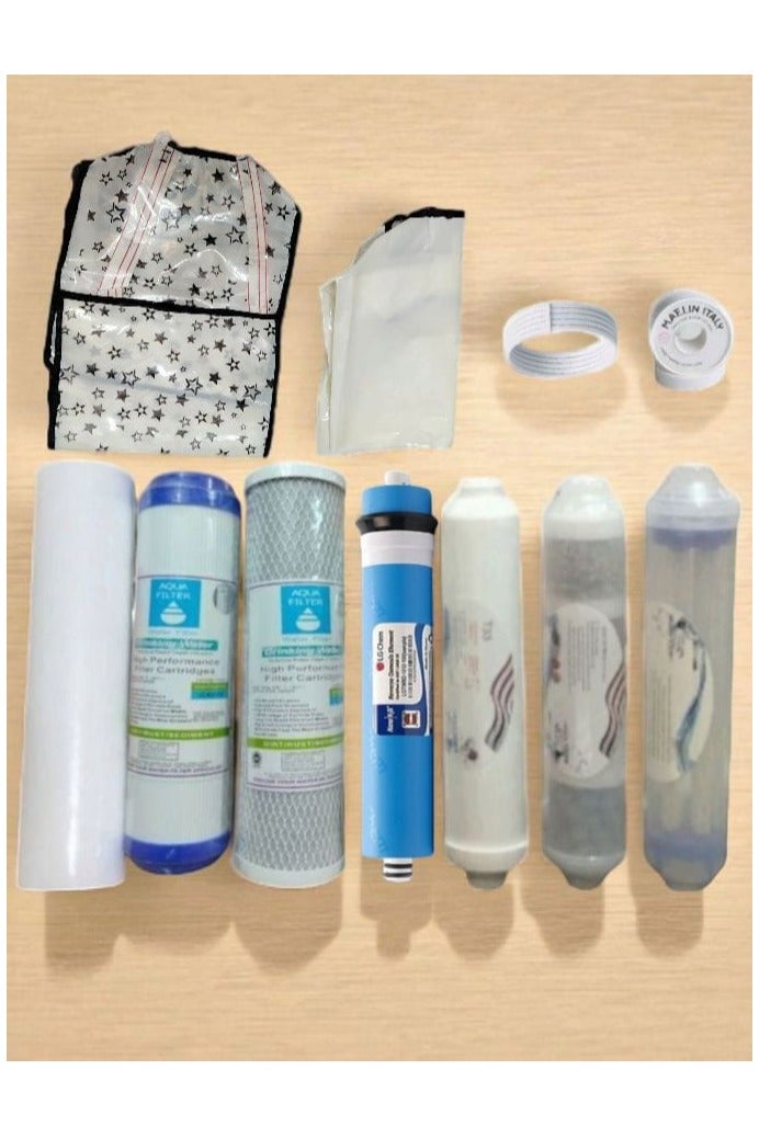 Aqua 7 stage water filter candle set with 2 piece filter protector and 5-meter hose reel with leak-proof Teflon reel