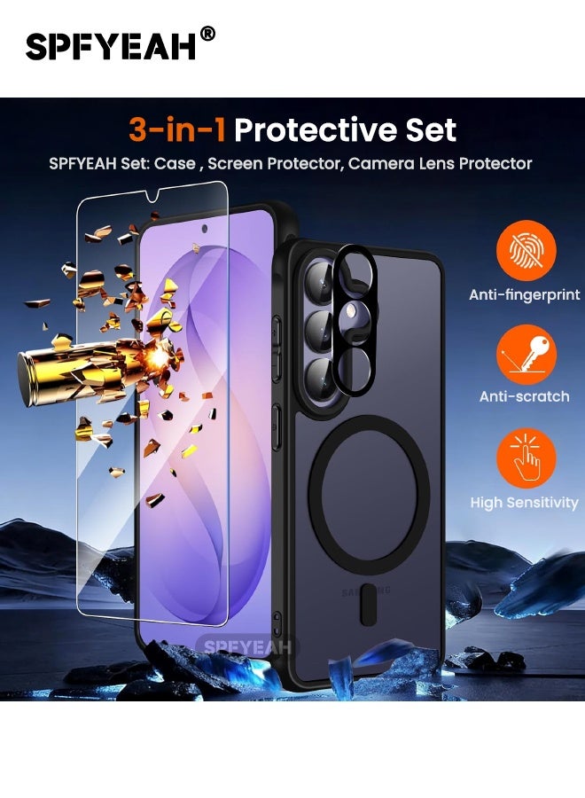 SPFYEAH [3-in-1] Samsung Galaxy S26 Case with Screen Protector & Camera Lens Protector, [MagSafe Compatible] [Frosted Translucent] Slim Shockproof Durable Magnetic Case for Samsung Galaxy S26 6.3 inch (Black, 1+1+1 Pack) - Image 3