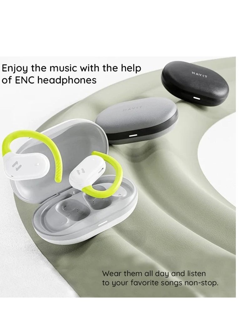 havit Open-Ear Wireless Earbuds with 64H Playtime, 8.5H Single Charge, Bluetooth 5.4, Dual ENC Mics for Clear Calls, 14.2mm Drivers, IPX5 Waterproof, Type-C Charging, Hall Switch Auto Pairing, Lightweight Secure Fit for Workouts, Travel, Music, and More (Green/White)  - Image 5