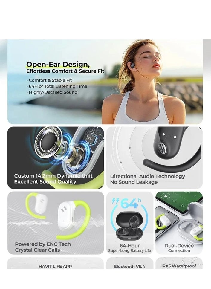 havit Open-Ear Wireless Earbuds with 64H Playtime, 8.5H Single Charge, Bluetooth 5.4, Dual ENC Mics for Clear Calls, 14.2mm Drivers, IPX5 Waterproof, Type-C Charging, Hall Switch Auto Pairing, Lightweight Secure Fit for Workouts, Travel, Music, and More (Green/White)  - Image 3