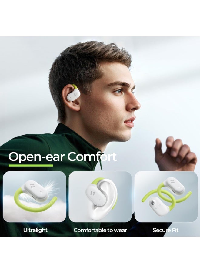 هافيت سماعات أذن مفتوحة – سماعات رياضية مرنة، بلوتوث 5.4، مع صوت فضائي مفتوح، ميكروفون مزدوج وتقنية إلغاء الضوضاء بالذكاء الاصطناعي للمكالمات، بطارية تدوم 64 ساعة، محركات ديناميكية 14.2 مم، مقاومة للماء بمعيار IPX5، شحن سريع عبر منفذ Type-C، اقتران تلقائي عبر مفتاح مغناطيسي، تصميم خفيف الوزن وثابت ومريح للجري، الجيم، التمارين، ركوب الدراجات، السفر، المكالمات والاستماع للموسيقى – أخضر / أبيض - Image 2