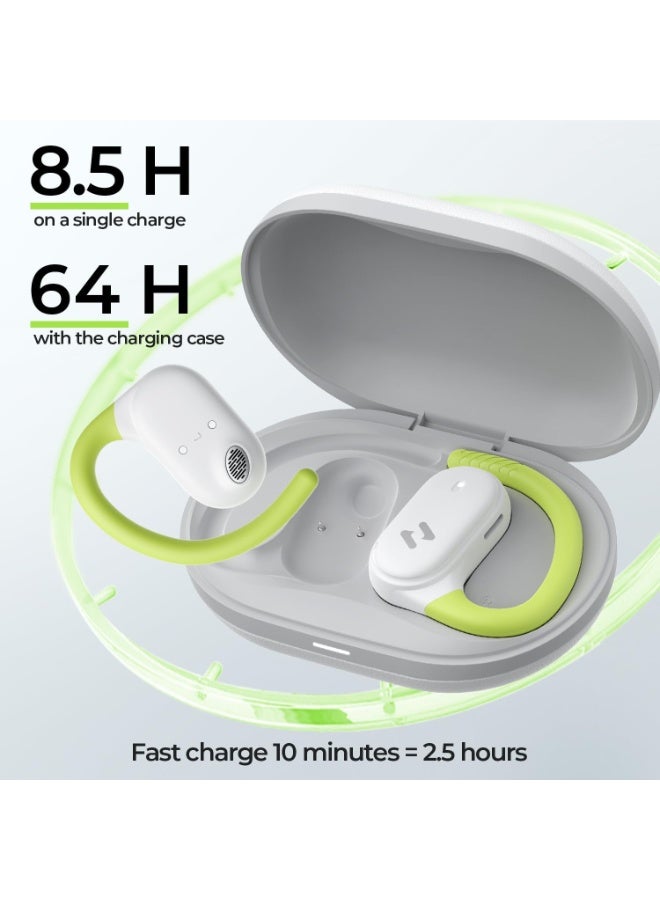 هافيت سماعات أذن مفتوحة – سماعات رياضية مرنة، بلوتوث 5.4، مع صوت فضائي مفتوح، ميكروفون مزدوج وتقنية إلغاء الضوضاء بالذكاء الاصطناعي للمكالمات، بطارية تدوم 64 ساعة، محركات ديناميكية 14.2 مم، مقاومة للماء بمعيار IPX5، شحن سريع عبر منفذ Type-C، اقتران تلقائي عبر مفتاح مغناطيسي، تصميم خفيف الوزن وثابت ومريح للجري، الجيم، التمارين، ركوب الدراجات، السفر، المكالمات والاستماع للموسيقى – أخضر / أبيض - Image 4