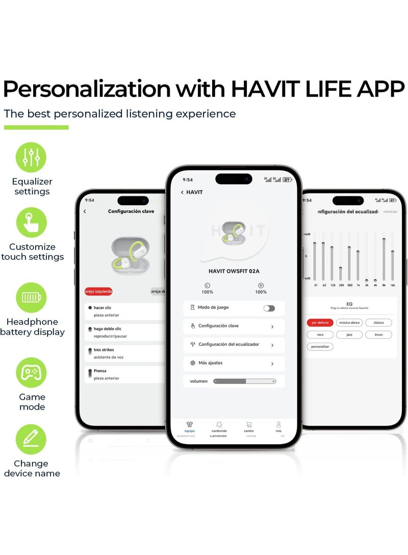 هافيت سماعات أذن مفتوحة – سماعات رياضية مرنة، بلوتوث 5.4، مع صوت فضائي مفتوح، ميكروفون مزدوج وتقنية إلغاء الضوضاء بالذكاء الاصطناعي للمكالمات، بطارية تدوم 64 ساعة، محركات ديناميكية 14.2 مم، مقاومة للماء بمعيار IPX5، شحن سريع عبر منفذ Type-C، اقتران تلقائي عبر مفتاح مغناطيسي، تصميم خفيف الوزن وثابت ومريح للجري، الجيم، التمارين، ركوب الدراجات، السفر، المكالمات والاستماع للموسيقى – أخضر / أبيض - Image 5