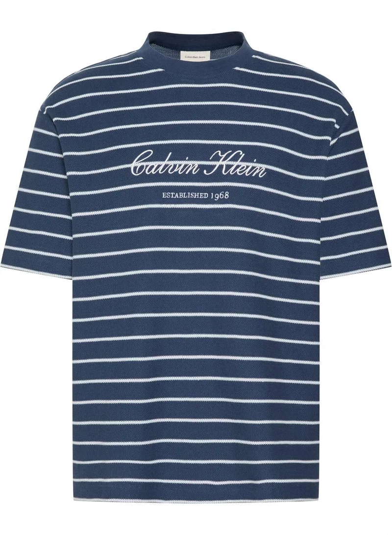 Calvin Klein Jeans Dark Denim Relaxed Cotton Piqué Stripe T-Shirt for Men | Best Price UAE