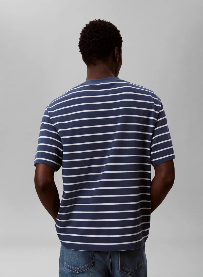 Calvin Klein Jeans Dark Denim Relaxed Cotton Piqué Stripe T-Shirt for Men | Best Price UAE