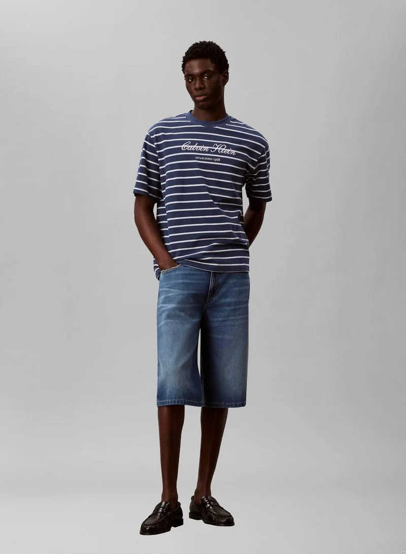 Calvin Klein Jeans Dark Denim Relaxed Cotton Piqué Stripe T-Shirt for Men | Best Price UAE