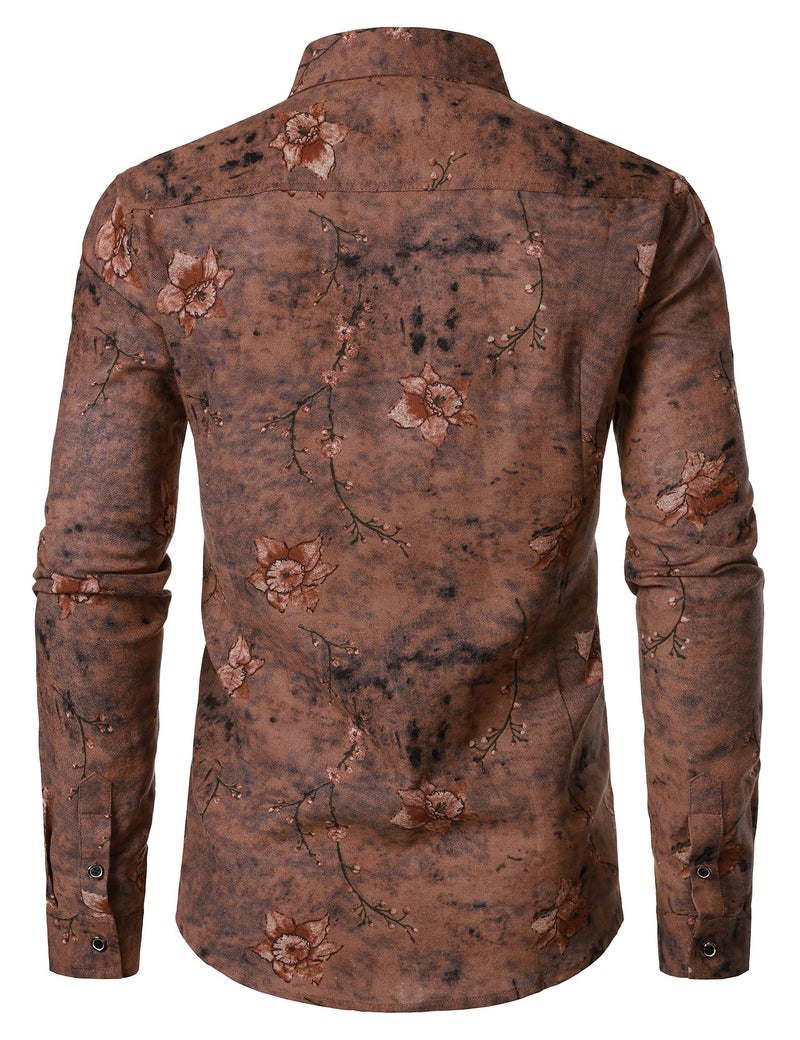 PARKLEES Men's 70s Hippie Long-Sleeve Floral Shirts Retro Pattern Printed Cotton Linen Button-Down Shirt Brown Flower Large - Image 3