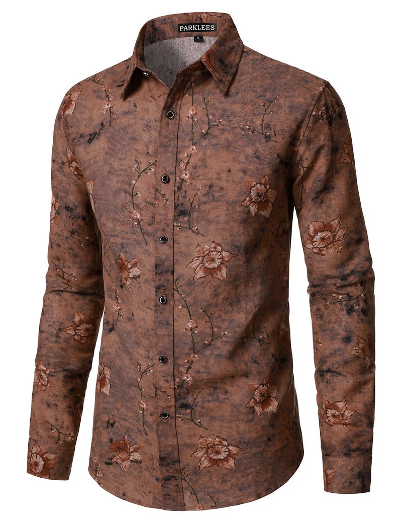 PARKLEES Men's 70s Hippie Long-Sleeve Floral Shirts Retro Pattern Printed Cotton Linen Button-Down Shirt Brown Flower Large - Image 2