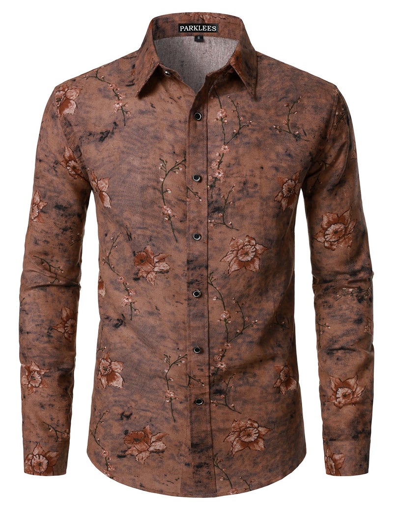 PARKLEES Men's 70s Hippie Long-Sleeve Floral Shirts Retro Pattern Printed Cotton Linen Button-Down Shirt Brown Flower Large - Image 1