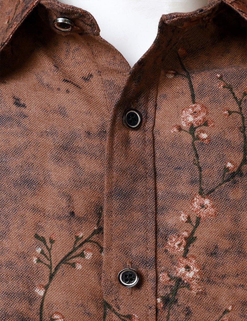 PARKLEES Men's 70s Hippie Long-Sleeve Floral Shirts Retro Pattern Printed Cotton Linen Button-Down Shirt Brown Flower Large - Image 5