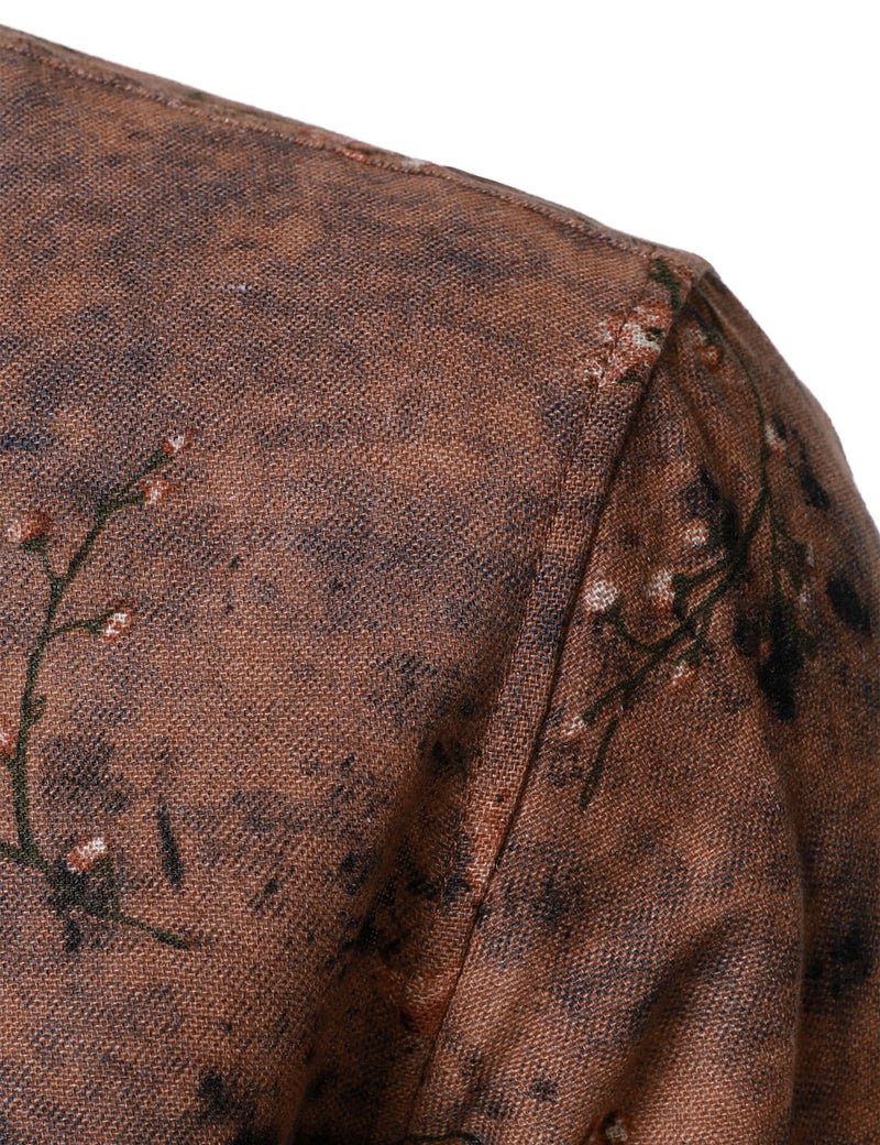PARKLEES Men's 70s Hippie Long-Sleeve Floral Shirts Retro Pattern Printed Cotton Linen Button-Down Shirt Brown Flower Large - Image 4