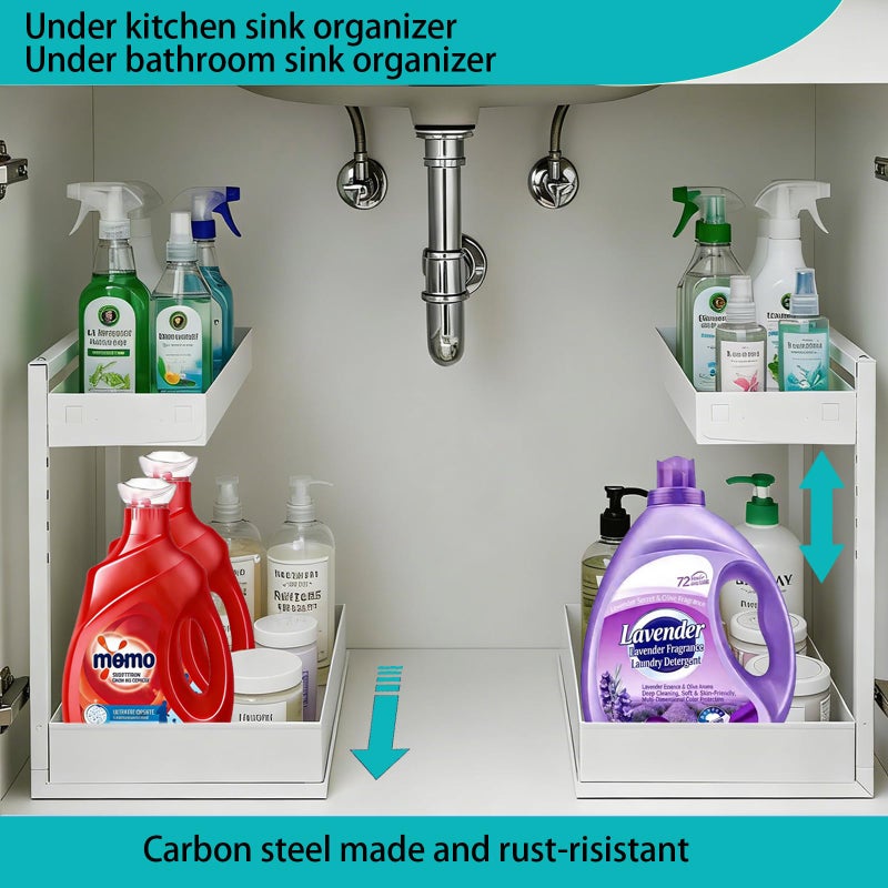 Exovyn Under Sink Organizer, Bathroom Counter Organizer, 2 Packs 2-Tier Metal, Under Cabinet Storage, Makeup Storage, Adjustable Height & Slide-Out Drawer for Kitchen Bathroom Dorm Shop Office, White - Image 4