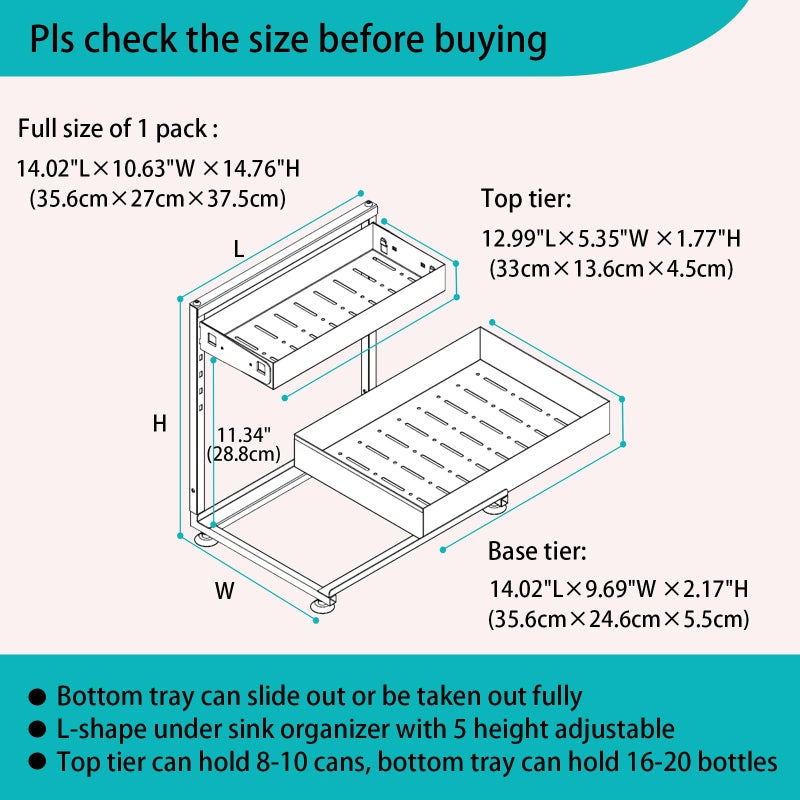 Exovyn Under Sink Organizer, Bathroom Counter Organizer, 2 Packs 2-Tier Metal, Under Cabinet Storage, Makeup Storage, Adjustable Height & Slide-Out Drawer for Kitchen Bathroom Dorm Shop Office, White - Image 3