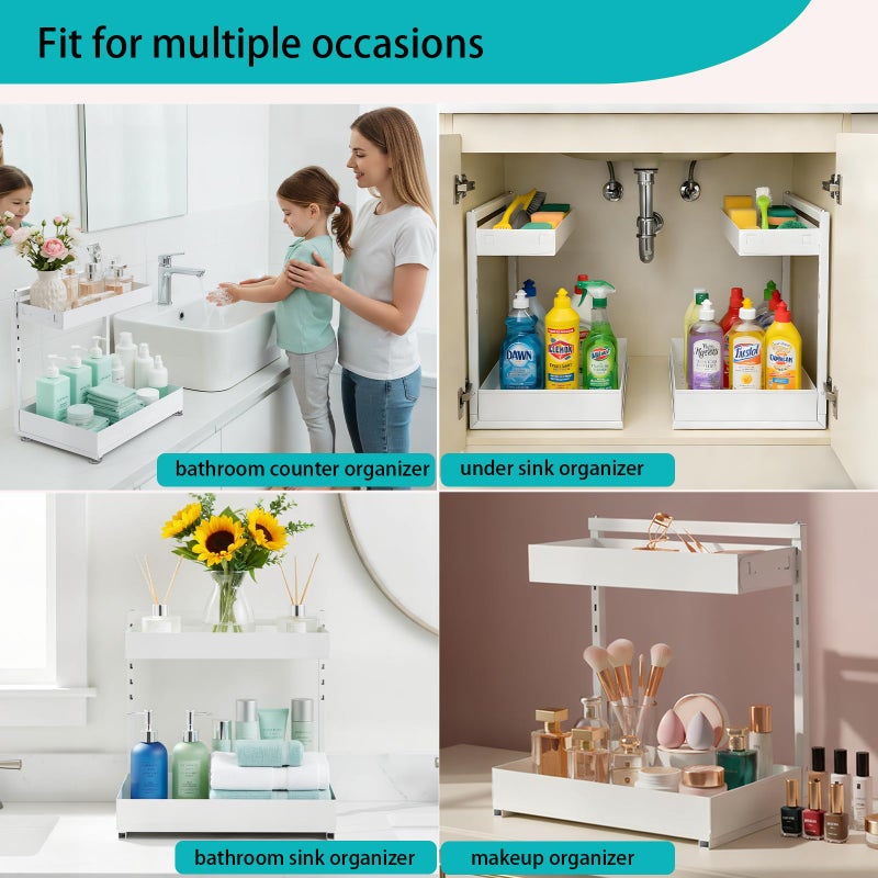 Exovyn Under Sink Organizer, Bathroom Counter Organizer, 2 Packs 2-Tier Metal, Under Cabinet Storage, Makeup Storage, Adjustable Height & Slide-Out Drawer for Kitchen Bathroom Dorm Shop Office, White - Image 5