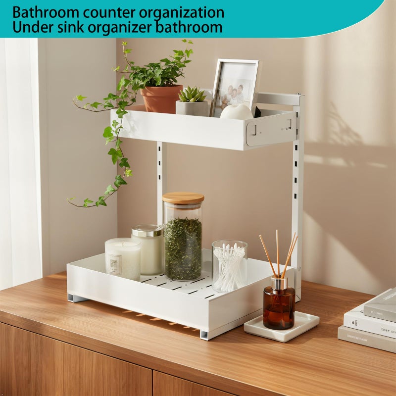 Exovyn Under Sink Organizer, Bathroom Counter Organizer, 2 Packs 2-Tier Metal, Under Cabinet Storage, Makeup Storage, Adjustable Height & Slide-Out Drawer for Kitchen Bathroom Dorm Shop Office, White - Image 2