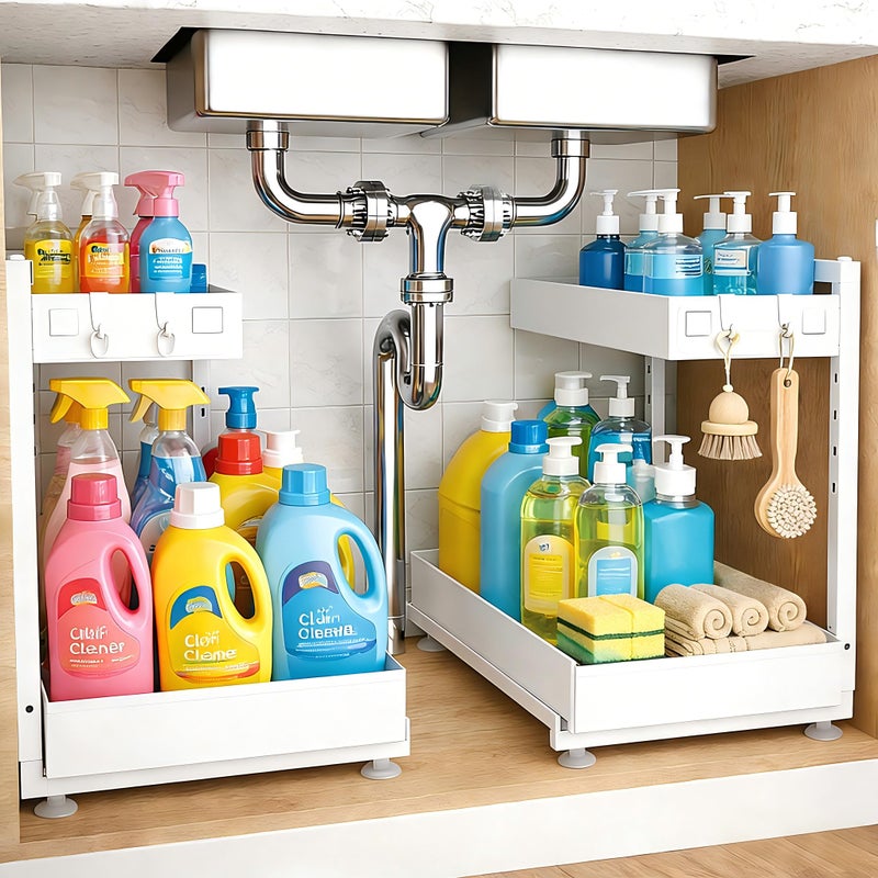 Exovyn Under Sink Organizer, Bathroom Counter Organizer, 2 Packs 2-Tier Metal, Under Cabinet Storage, Makeup Storage, Adjustable Height & Slide-Out Drawer for Kitchen Bathroom Dorm Shop Office, White - Image 1