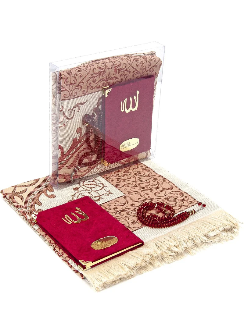 İhvan Online Bag Size Velvet Yasin Book - Prayer Rug - Prayer Beads and Transparent Boxed Mevlid Gift - Claret Red