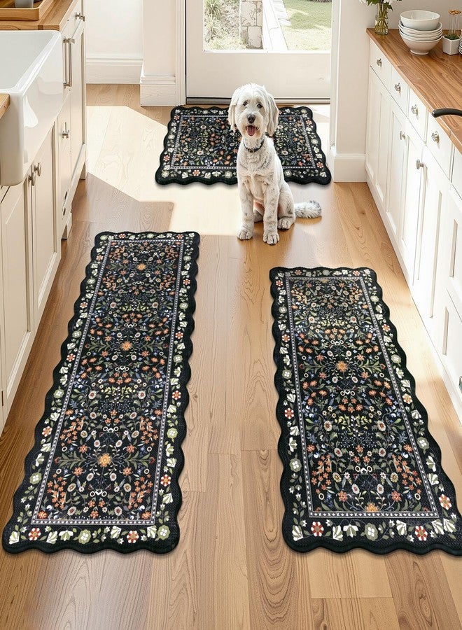 Yamaziot 3PCS Kitchen Mats for Floor, Boho Floral Non Slip Kitchen Rug Sets of 3 Waterproof Anti Fatigue Mat, Comfort Standing Runner Rug for Kitchen, Hallway, 17"x29.5"+17"x35"+17"x47", Black - Image 1