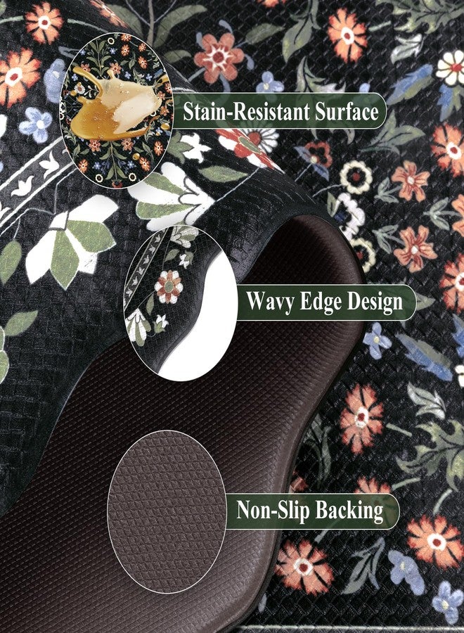 Yamaziot 3PCS Kitchen Mats for Floor, Boho Floral Non Slip Kitchen Rug Sets of 3 Waterproof Anti Fatigue Mat, Comfort Standing Runner Rug for Kitchen, Hallway, 17"x29.5"+17"x35"+17"x47", Black - Image 5
