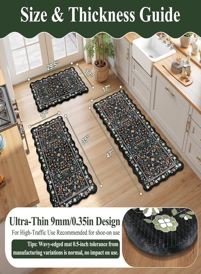 Yamaziot 3PCS Kitchen Mats for Floor, Boho Floral Non Slip Kitchen Rug Sets of 3 Waterproof Anti Fatigue Mat, Comfort Standing Runner Rug for Kitchen, Hallway, 17"x29.5"+17"x35"+17"x47", Black - Image 2